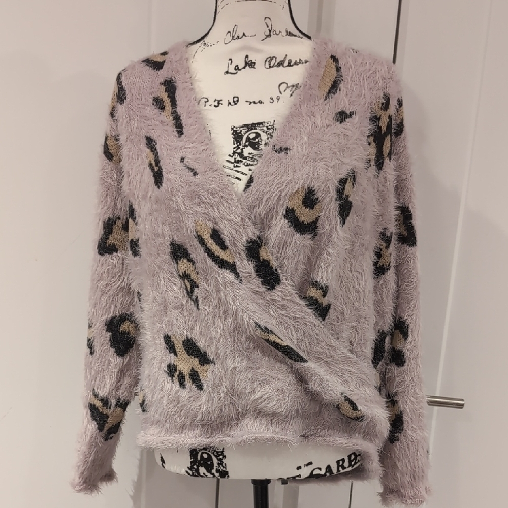Purple and Black V-Neck Fuzzy Sweater